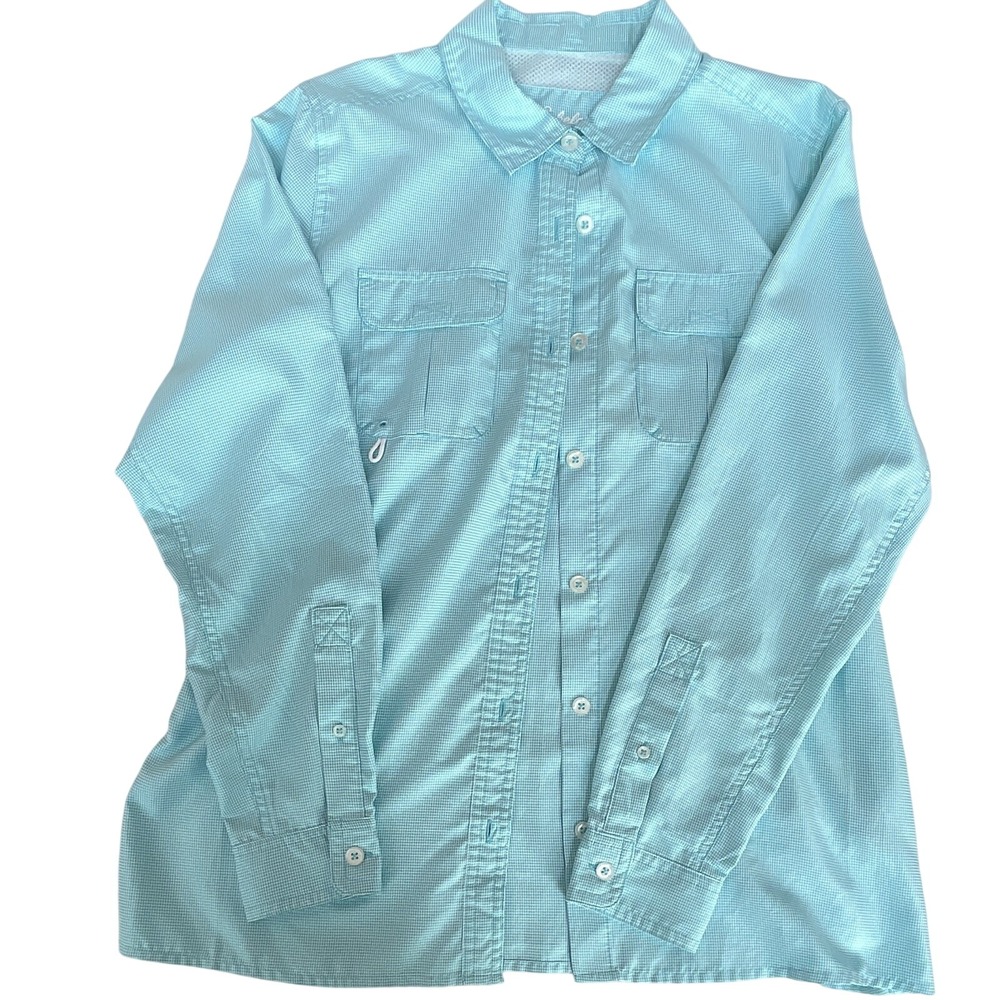 Cabela's 4MOST UPF 30 women's Blue Solid Woven UV Long Sleeve Button-Up M